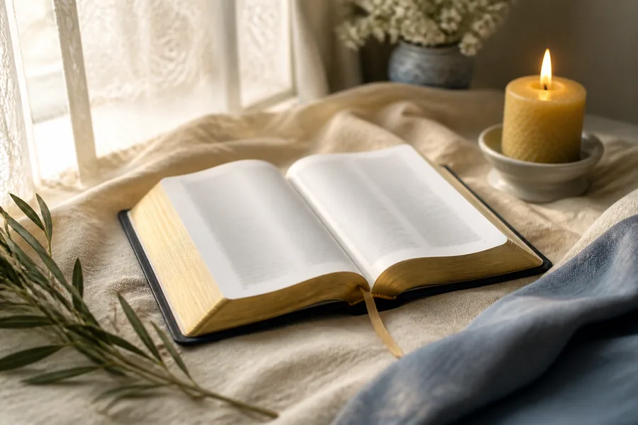 Aufgeschlagene Bibel neben einer brennenden Kerze